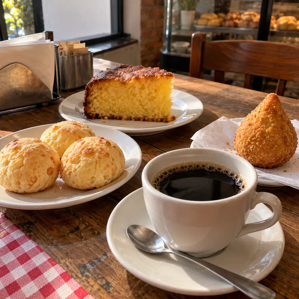 Café com pão de queijo, bolo e coxinha