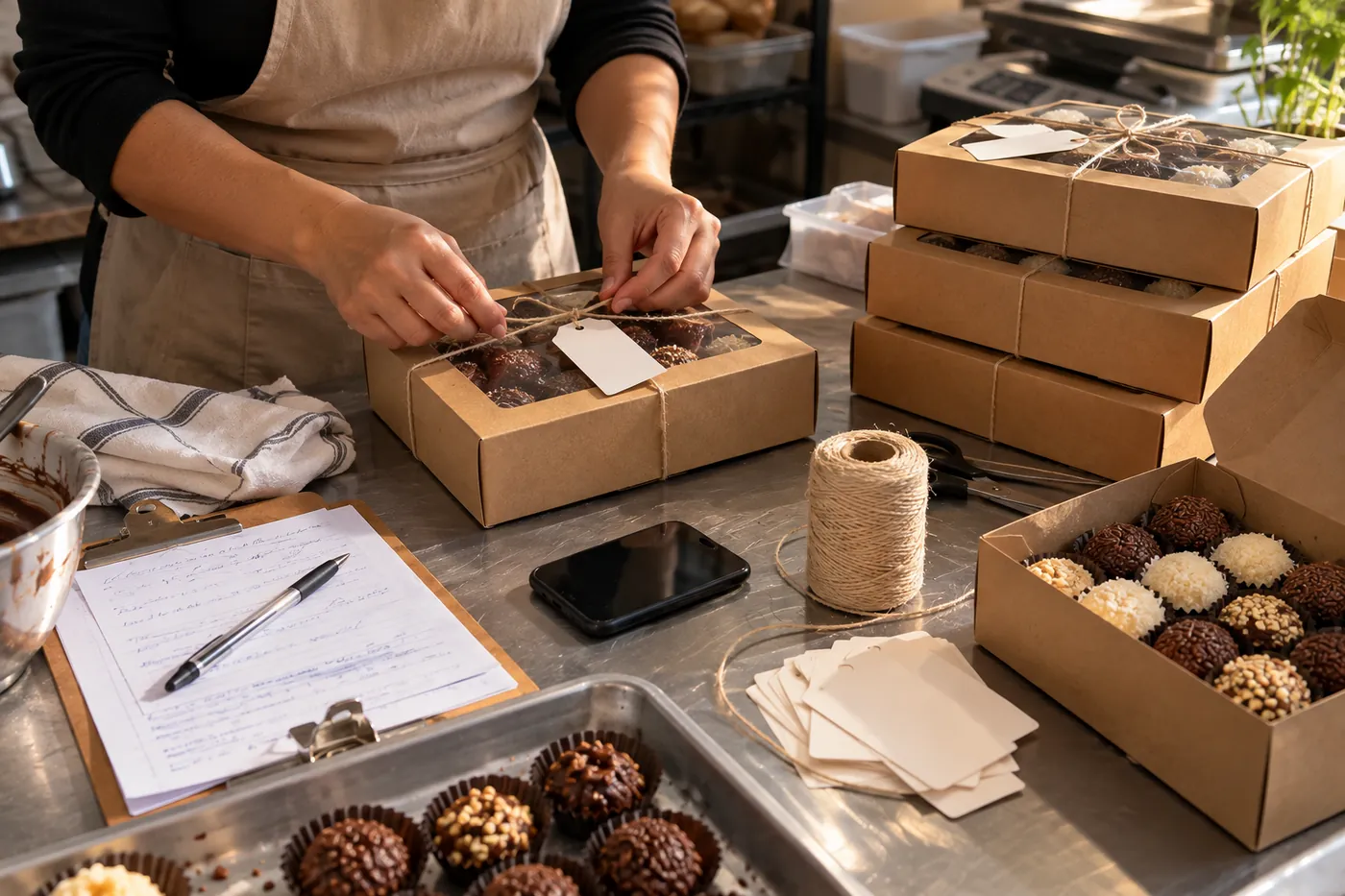 Confeiteira embalando pedidos numa bancada cheia, com o celular ao lado